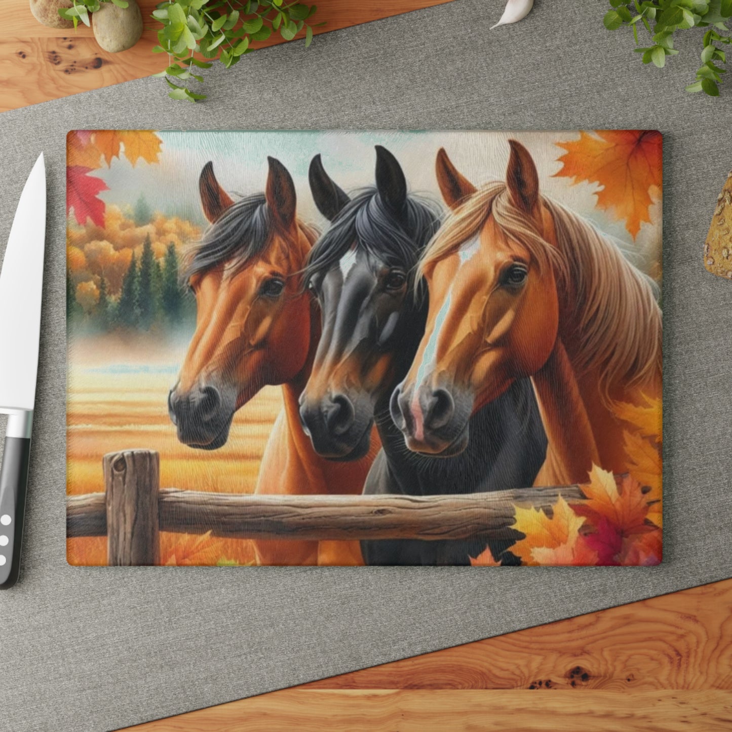 🐴 Autumn Horse Trio Cutting Board – Rustic Farmhouse Beauty 🐴