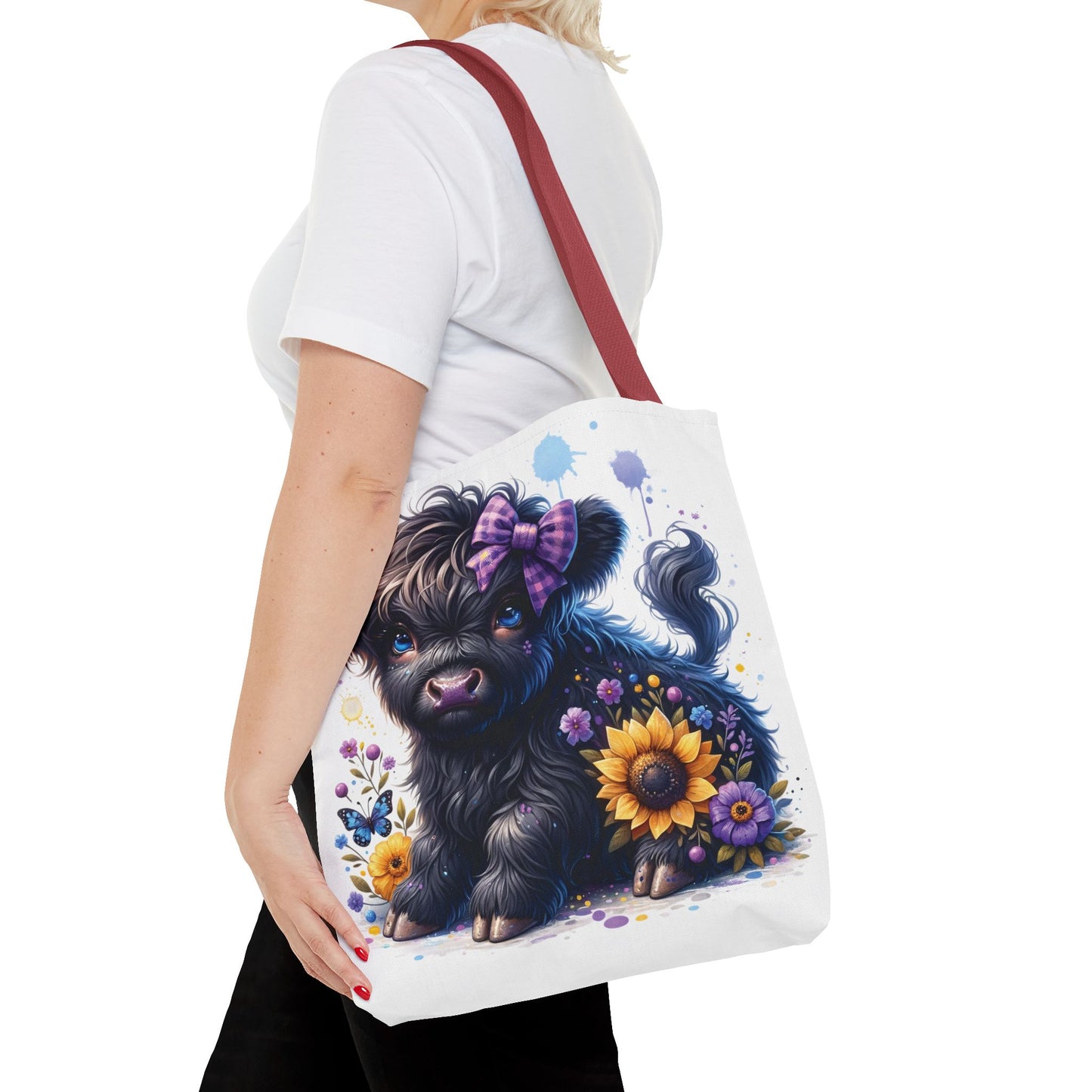 💜 Purple Bow Black Highland Calf Tote Bag – Country Charm with a Pop of Color 🐮👜