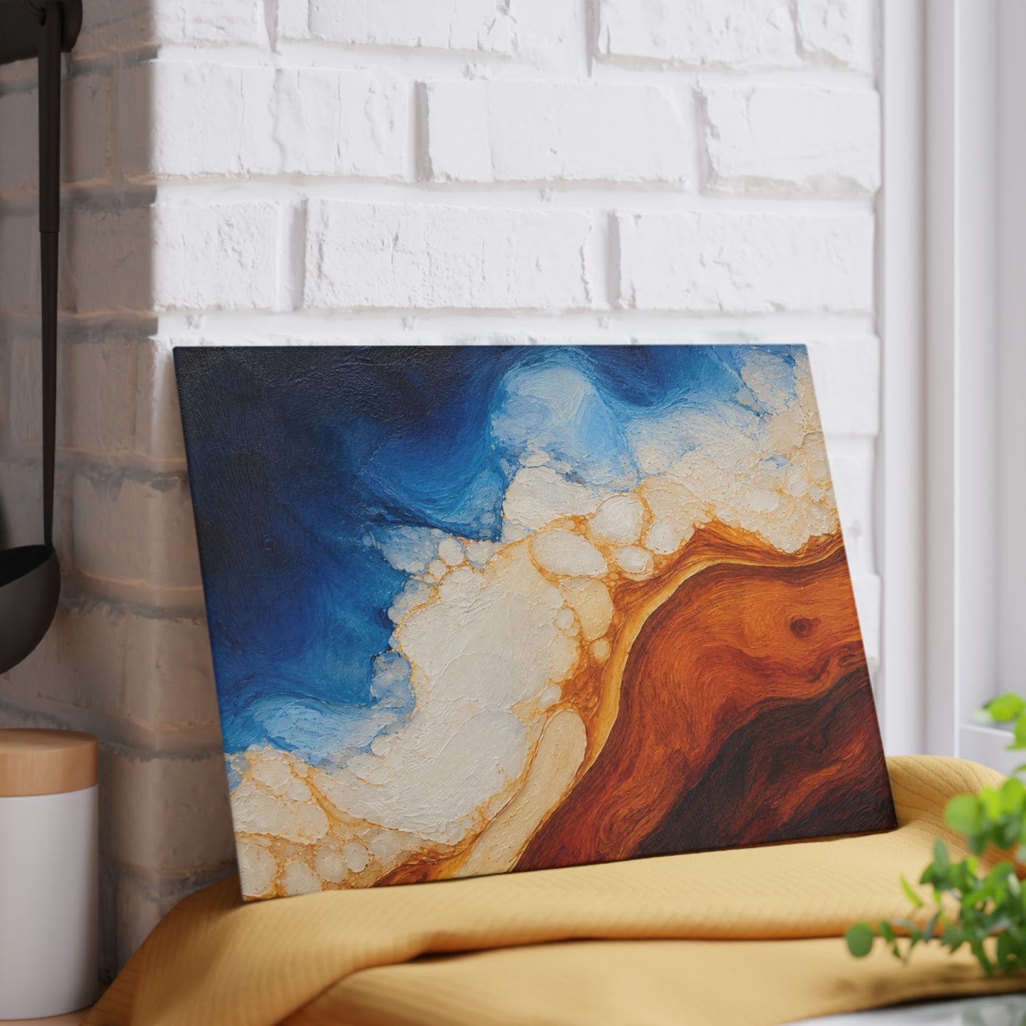 Coastal Resin-Painted Look Ocean Abstract Glass Cutting Board – Blue Waves and Golden Shoreline Artwork