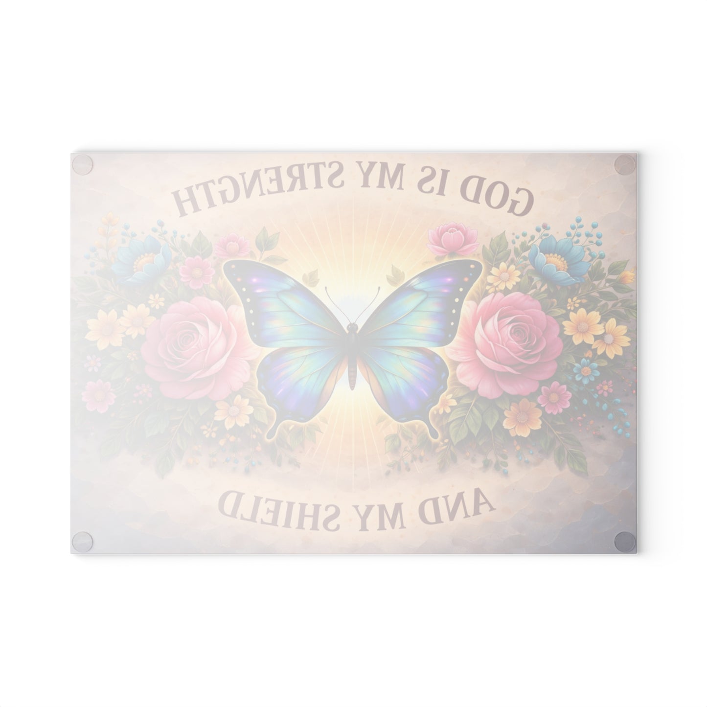 God Is My Strength Glass Cutting Board – Faith Butterfly Floral Christian Kitchen Display