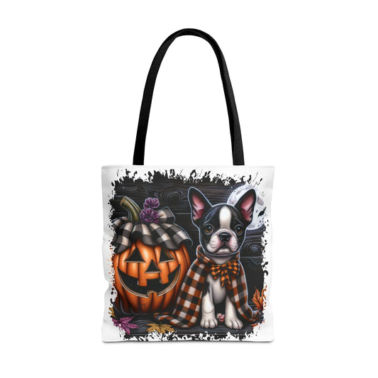 🎃 Boston Terrier Halloween Tote Bag – Spooky Cute with Plaid Style 🐾🖤👜