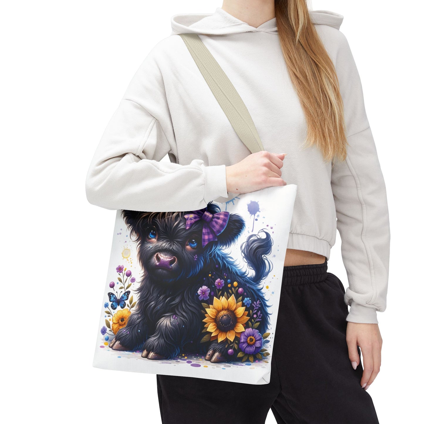 💜 Purple Bow Black Highland Calf Tote Bag – Country Charm with a Pop of Color 🐮👜