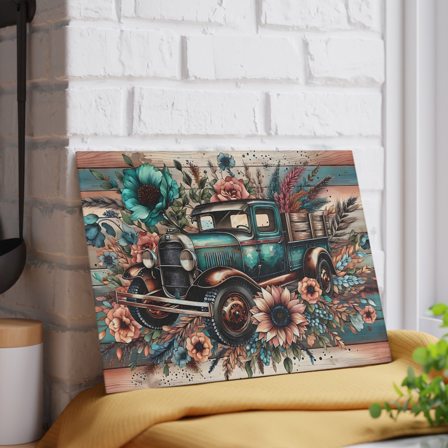 🚜🌸 Vintage Teal Farm Truck Cutting Board – Rustic Charm with Floral Elegance 🌻🌿