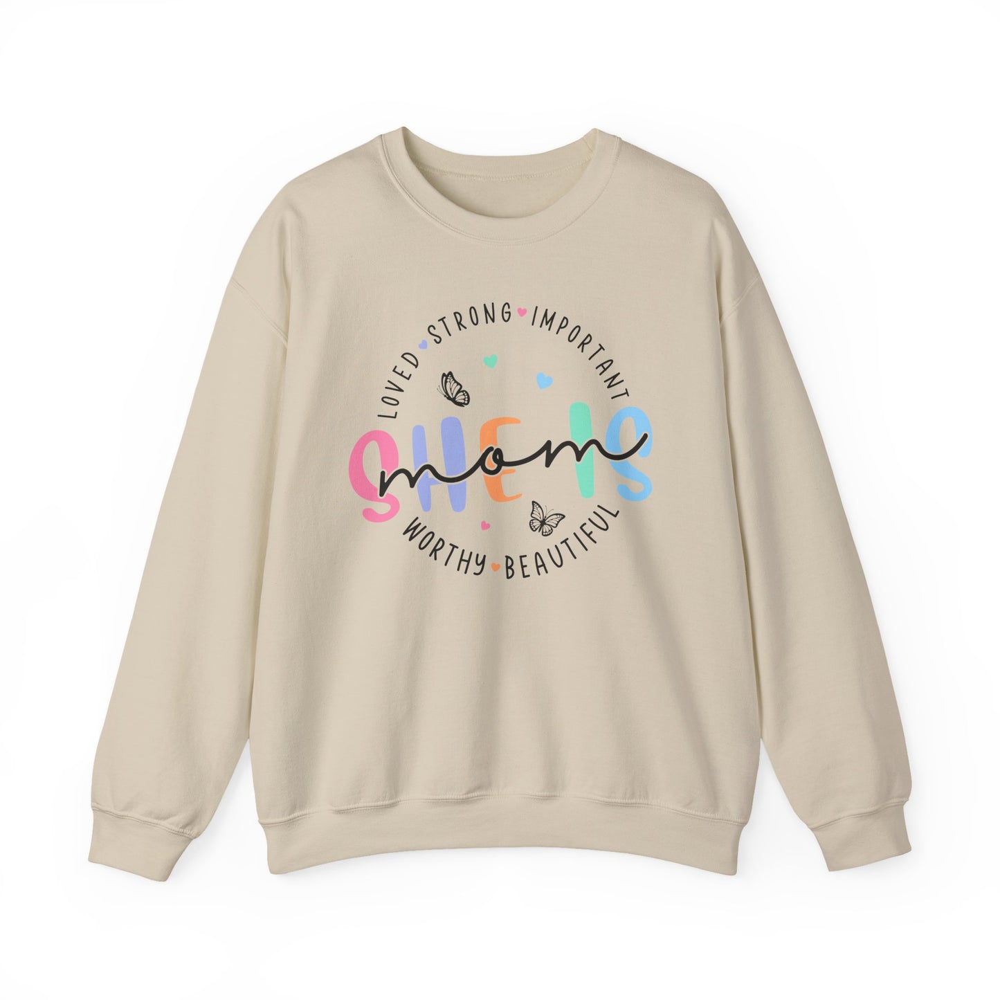 🌸✨ She Is Mom Sweatshirt – Strong, Loved, Beautiful & Worthy 🦋💖