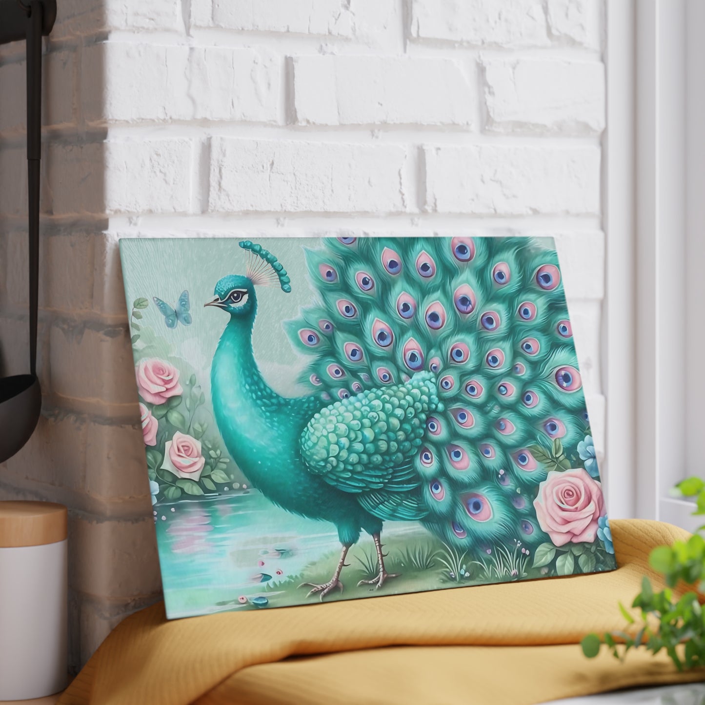 Decoración de pavo real, decoración de mariposas, tabla de cortar, decoración de cocina, arte de cocina, tabla de servir, regalo de pavo real, regalo de mariposa, tabla de cortar floral