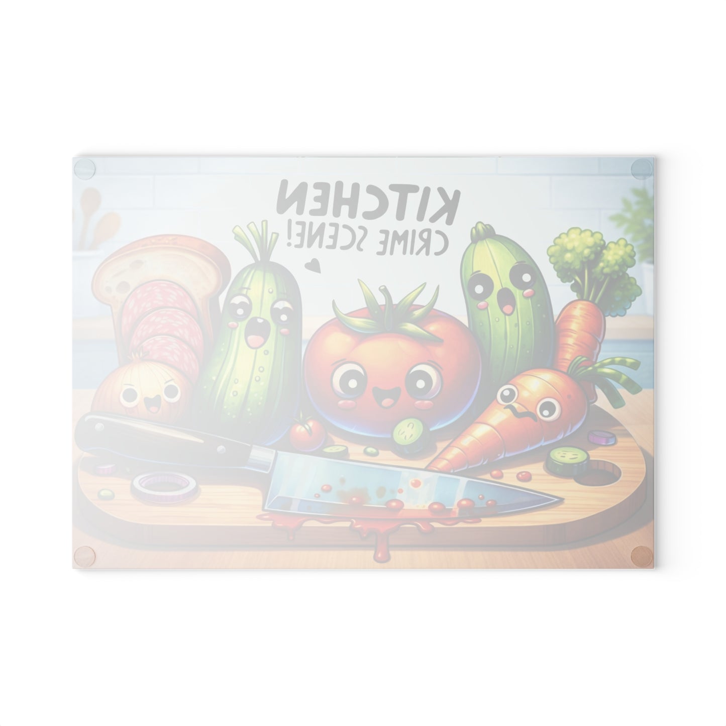 Kitchen Crime Scene Glass Cutting Board – Funny Vegetable Cartoon Kitchen Decor