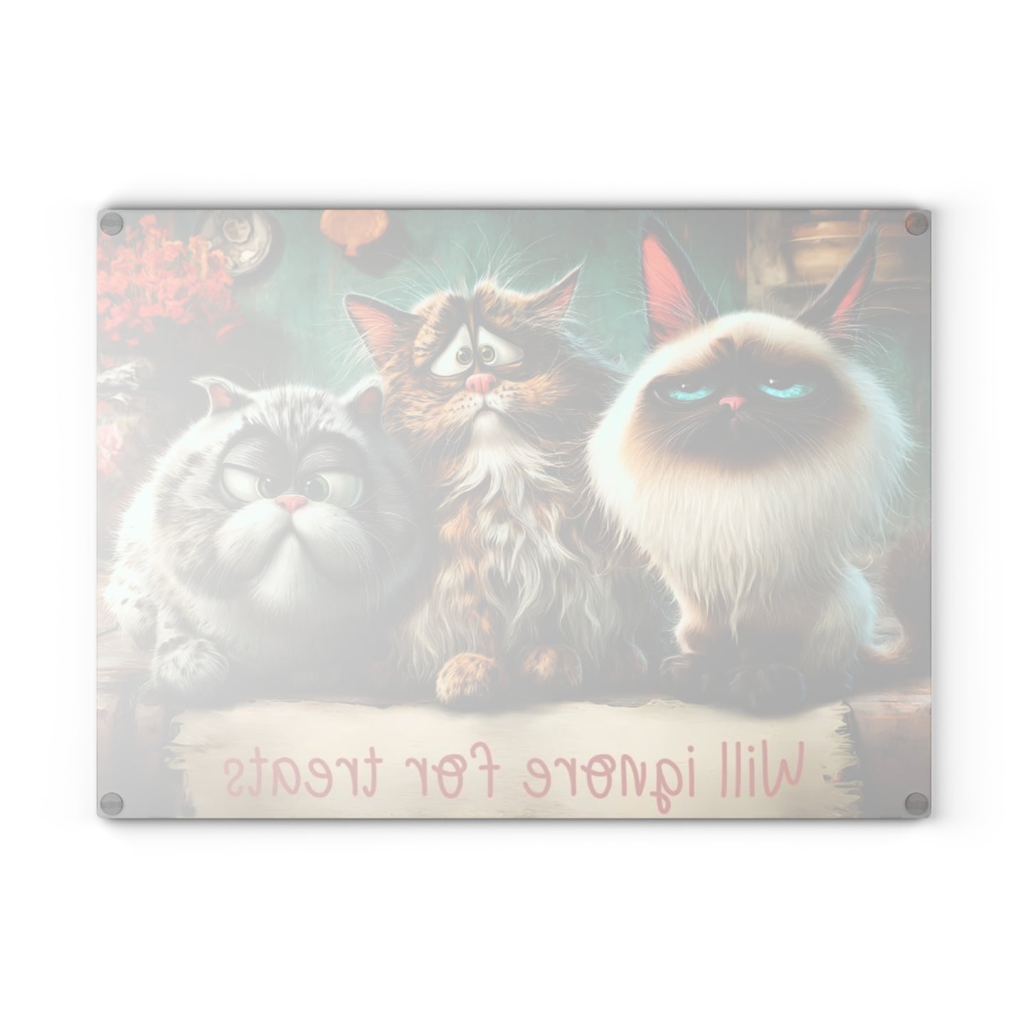 🐾🍪 “Will Ignore for Treats” Glass Cutting Board – Whimsical Cat Lovers Kitchen Décor