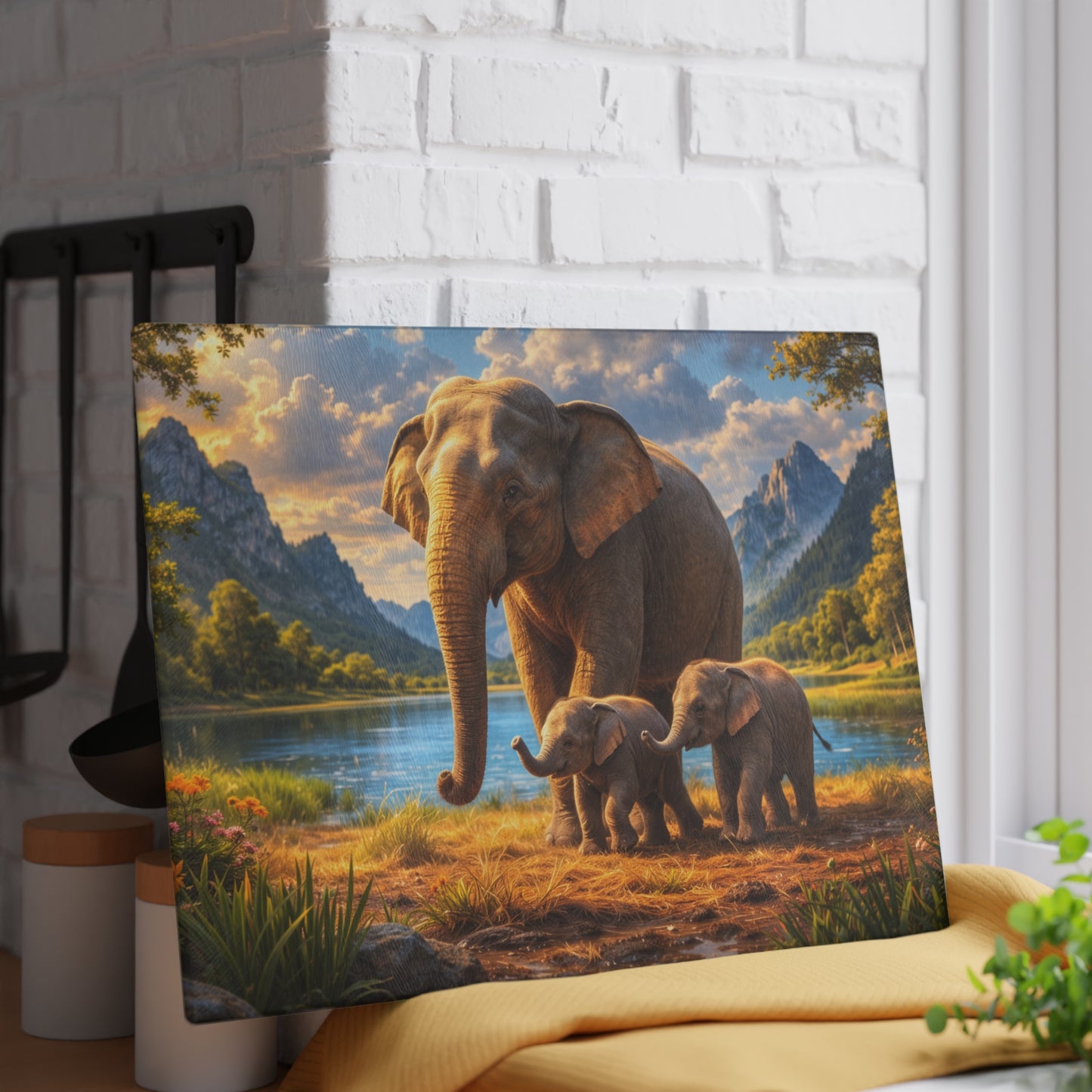 Mother Elephant with Calves Glass Cutting Board – Peaceful Wildlife Family Kitchen Art