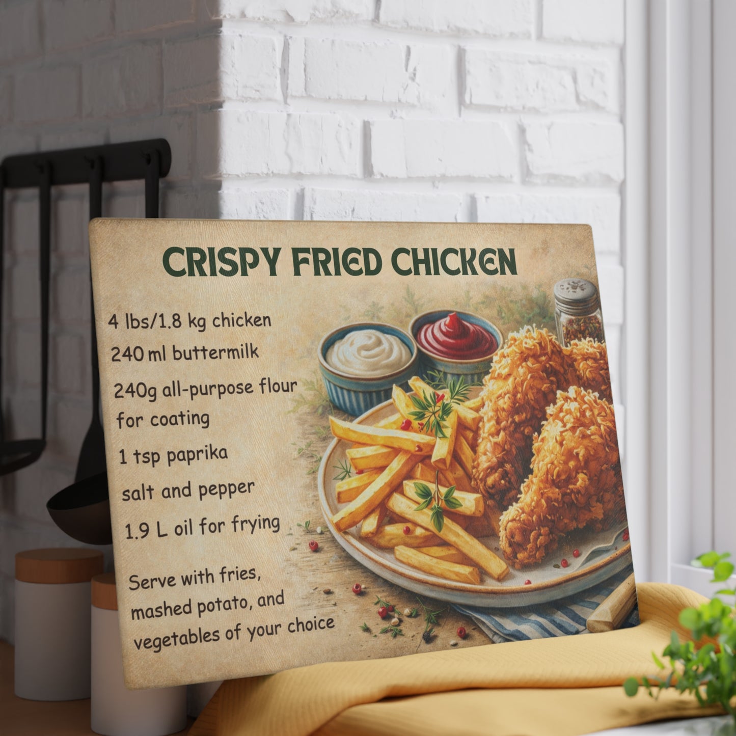 Crispy Fried Chicken Recipe Glass Cutting Board – Classic Comfort Food Kitchen Art