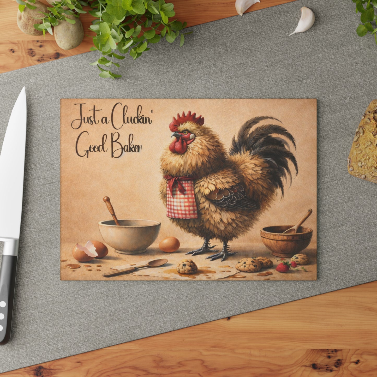 Just a Cluckin’ Good Baker Glass Cutting Board – Funny Farmhouse Kitchen Decor