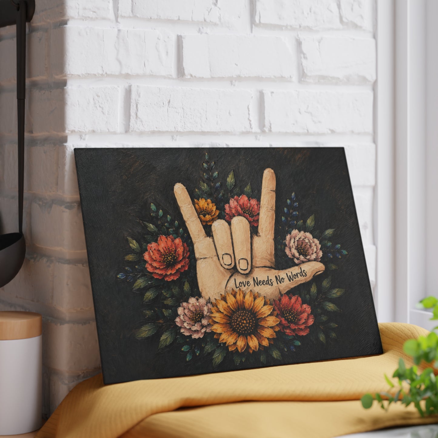 Love Needs No Words Glass Cutting Board – Painted Floral ASL Hand Design