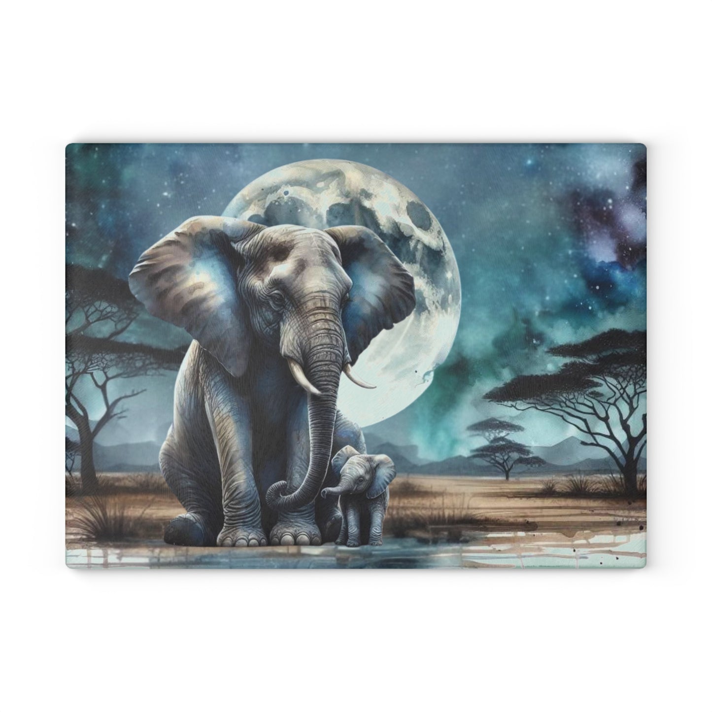 Tabla de cortar de vidrio con forma de mamá y bebé elefante, con una luna llena brillante detrás de ellos