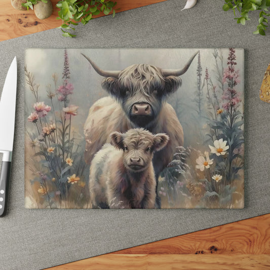 Tabla de cortar de vidrio templado con vaca y bebé de las Highlands