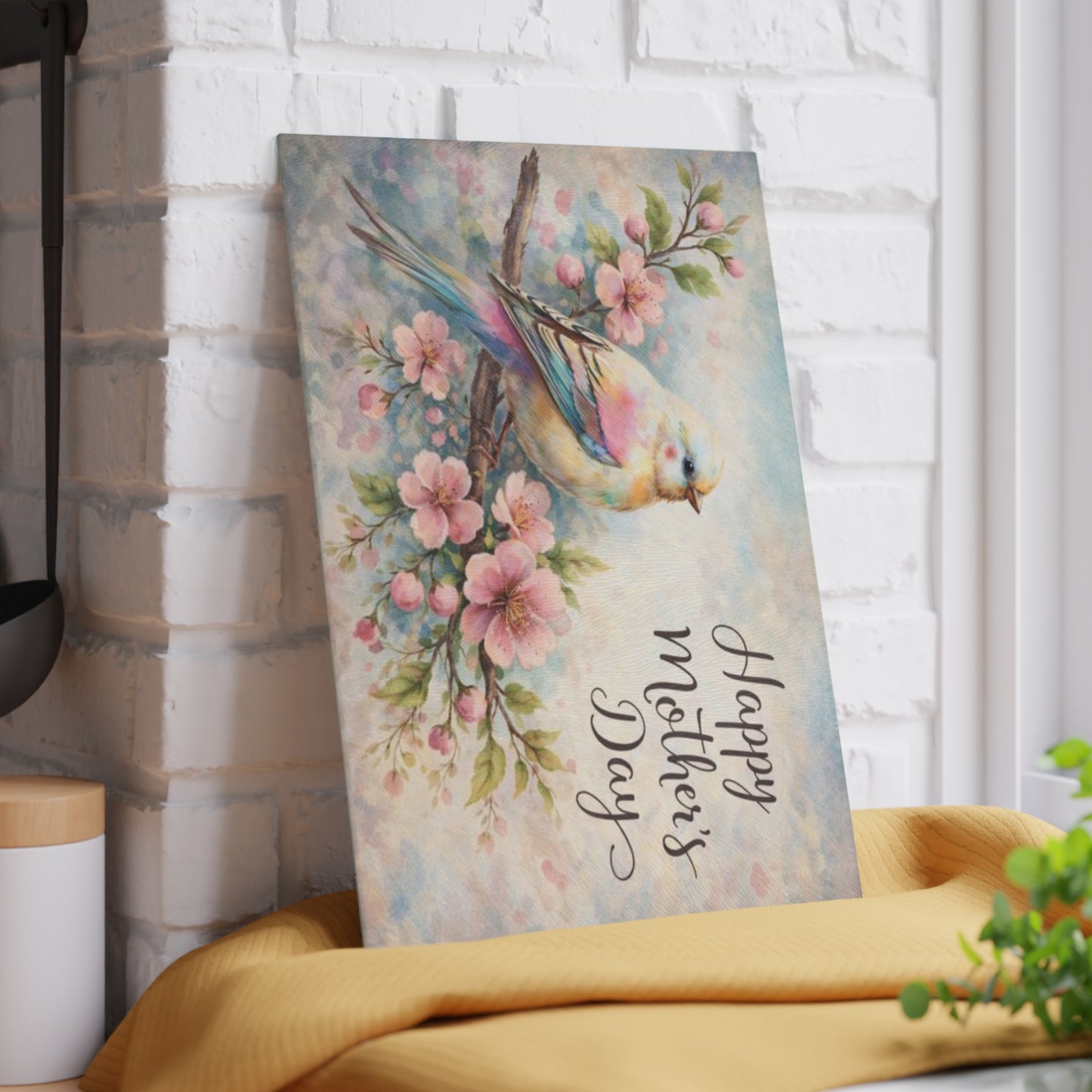Happy Mother’s Day Bird & Cherry Blossom Glass Cutting Board – Soft Spring Floral Kitchen Accent