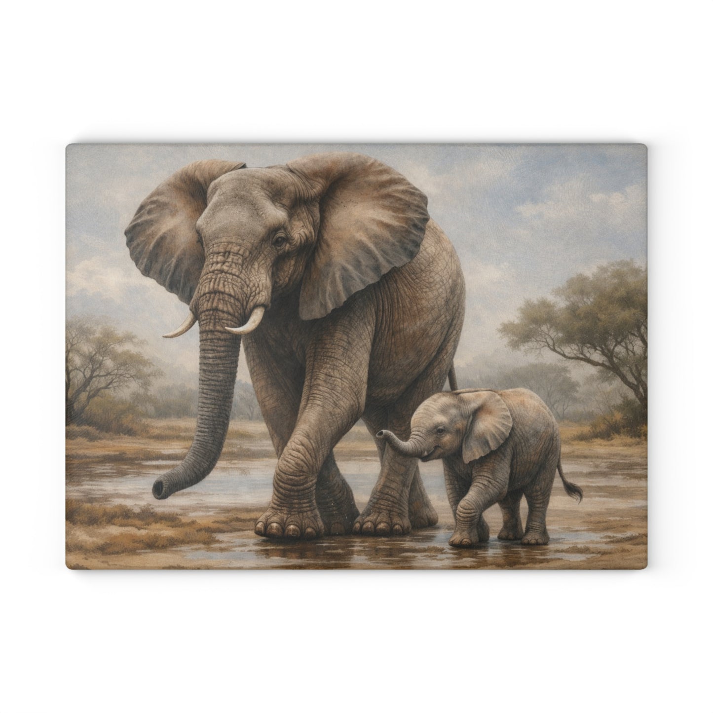 Mother and Baby Elephant Glass Cutting Board – Gentle Safari Wildlife Kitchen Art