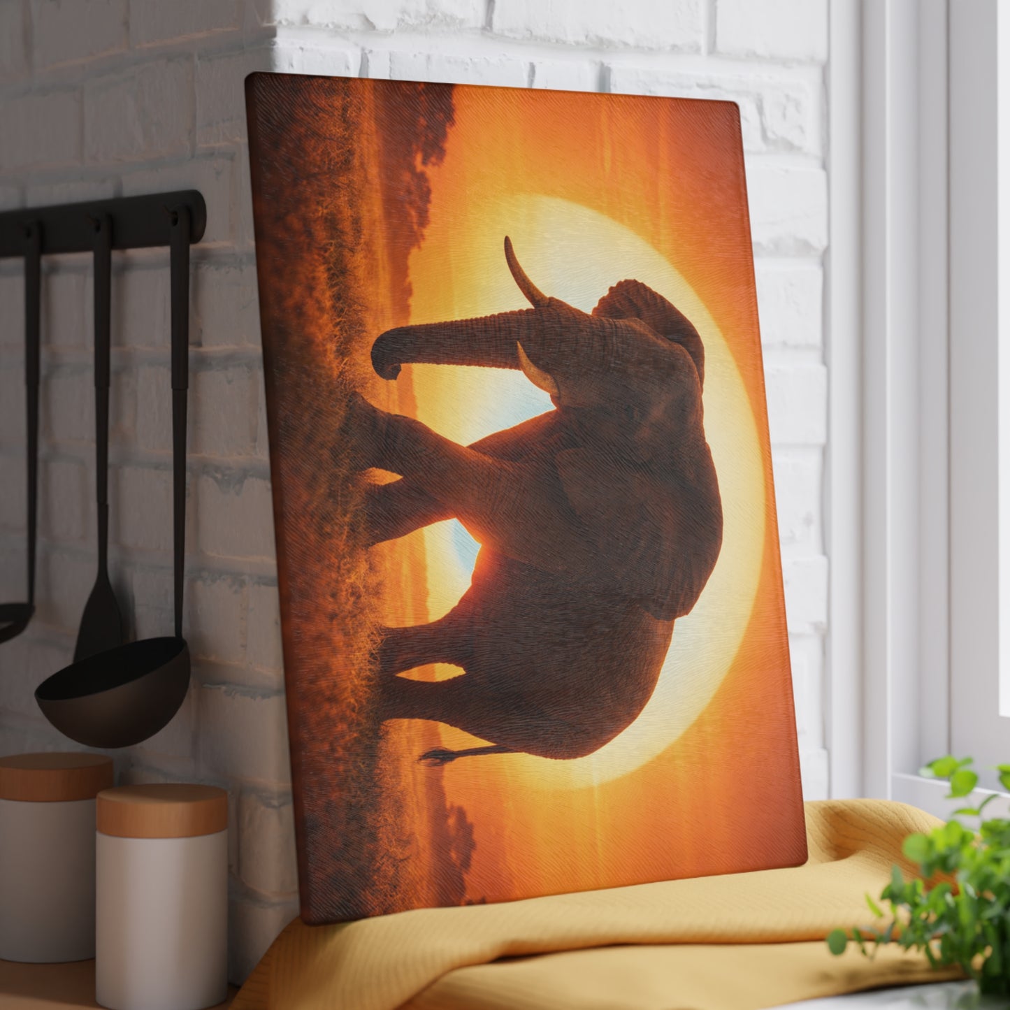 Golden Sunset Elephant Glass Cutting Board – Majestic Safari Wildlife Kitchen Art
