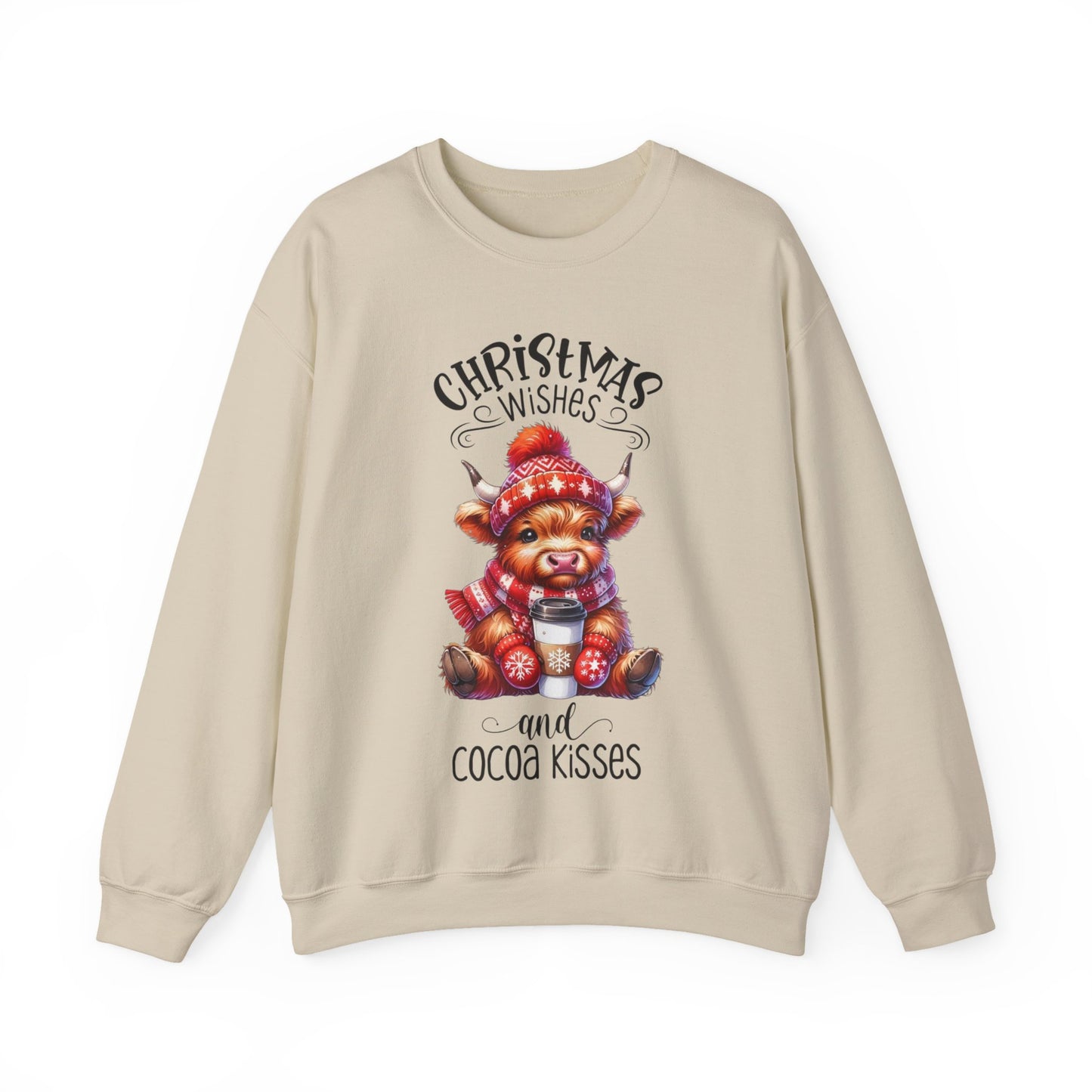 🎄☕🐮 Christmas Wishes and Cocoa Kisses Sweatshirt – Cozy Highland Cow Holiday Sweater ❄️❤️