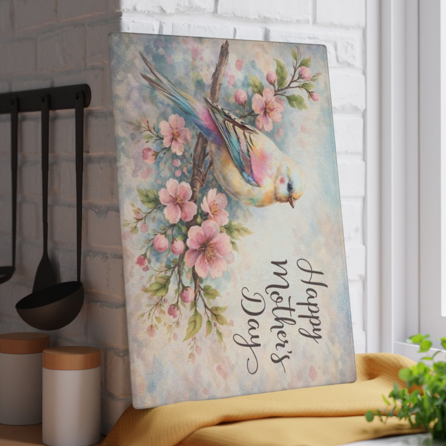 Happy Mother’s Day Bird & Cherry Blossom Glass Cutting Board – Soft Spring Floral Kitchen Accent
