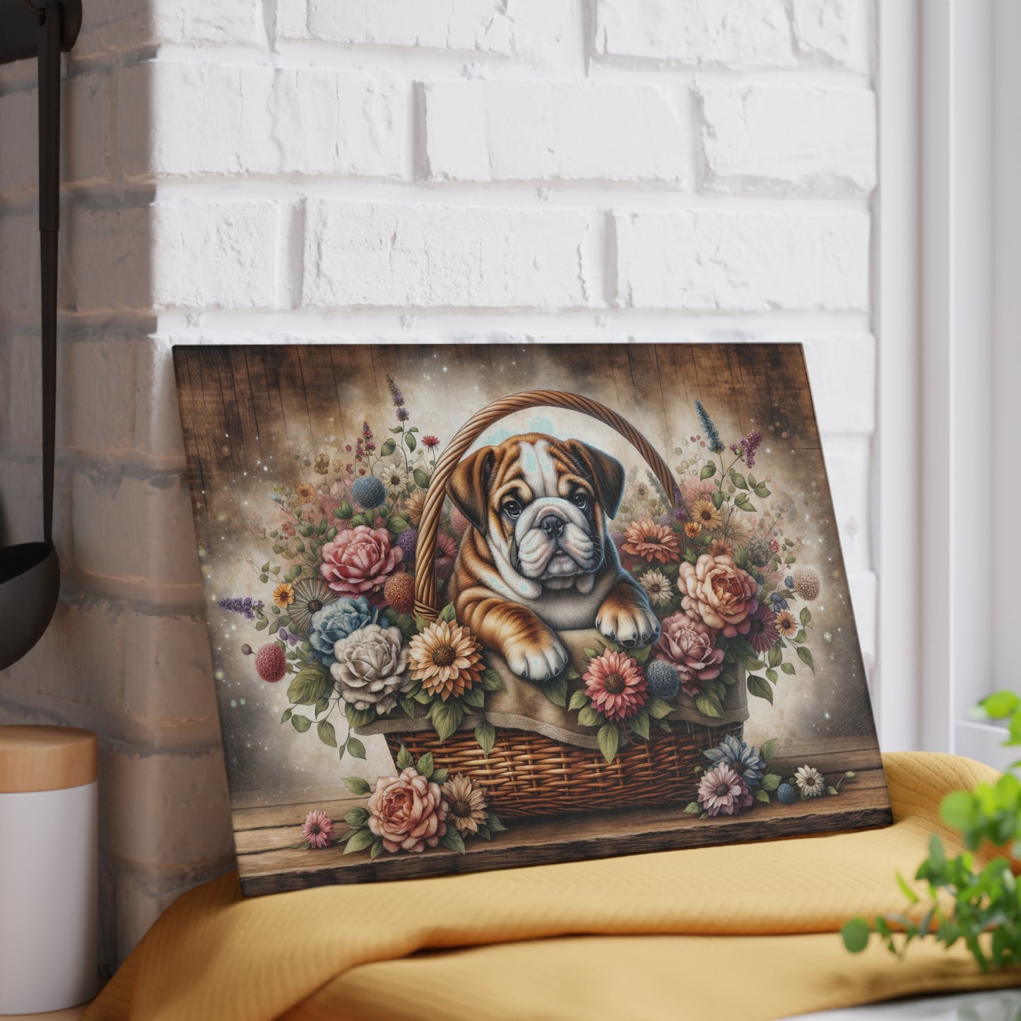 🐶🌸 Bulldog in Basket Cutting Board – Rustic Charm for Your Kitchen 🌼