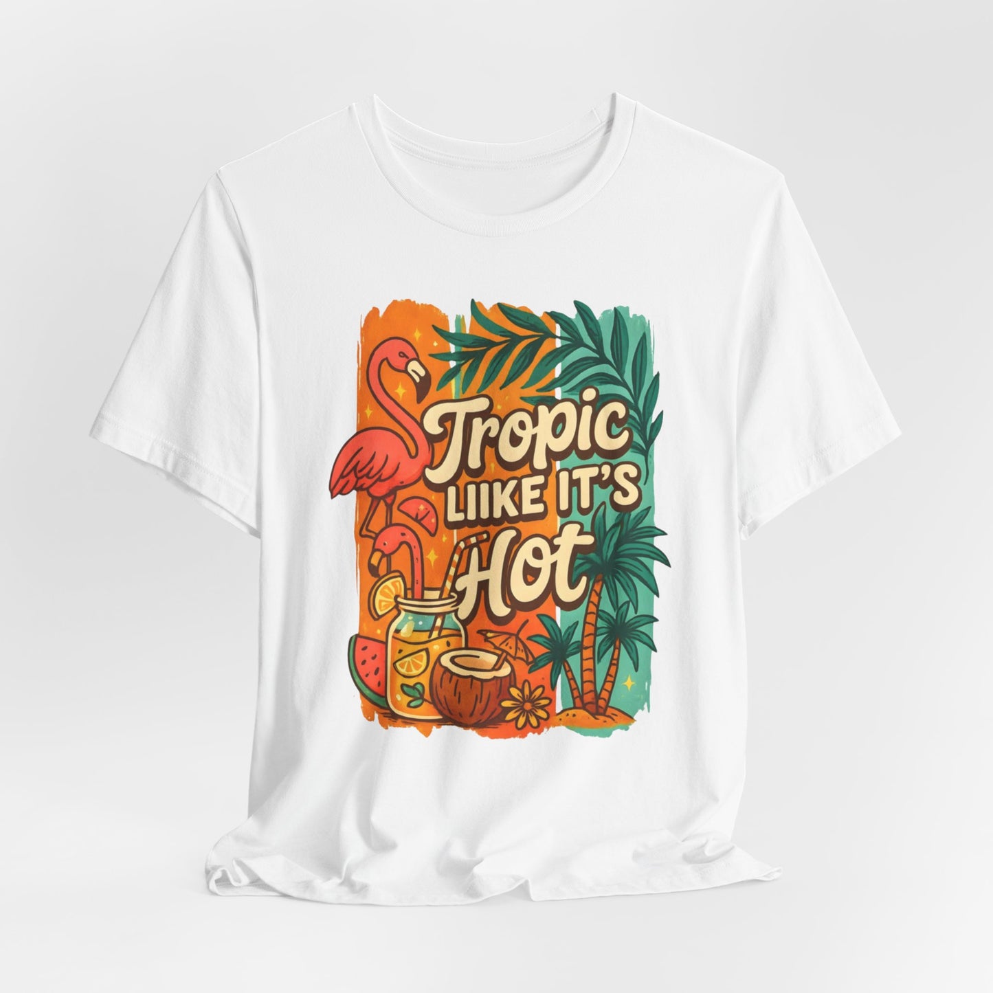 Camiseta "Tropic Like It's Hot" con flamenco, palmera y bebidas tropicales | Solo en blanco