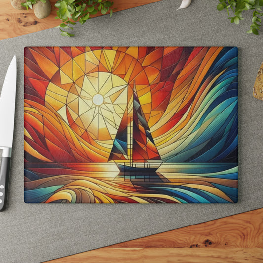Tabla de cortar con diseño de velero al atardecer con aspecto de vitral: arte costero colorido para la cocina