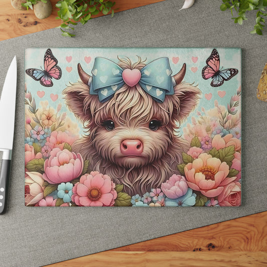 Tabla de cortar de vidrio con diseño de vaca de las Tierras Altas, lazo, flores y mariposas