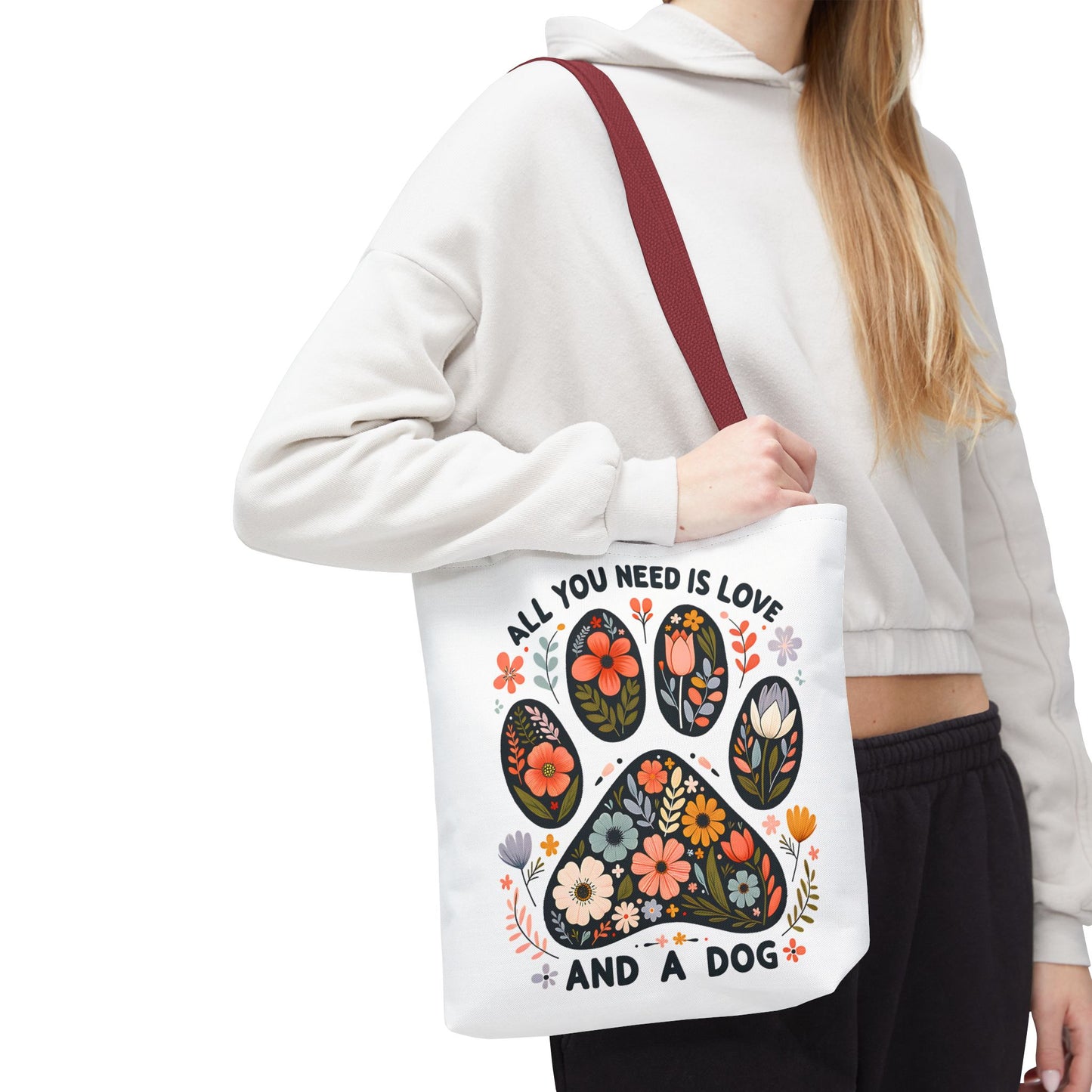 🐾 All You Need is Love and a Dog Tote Bag – Floral Paw Print Perfection 🌸