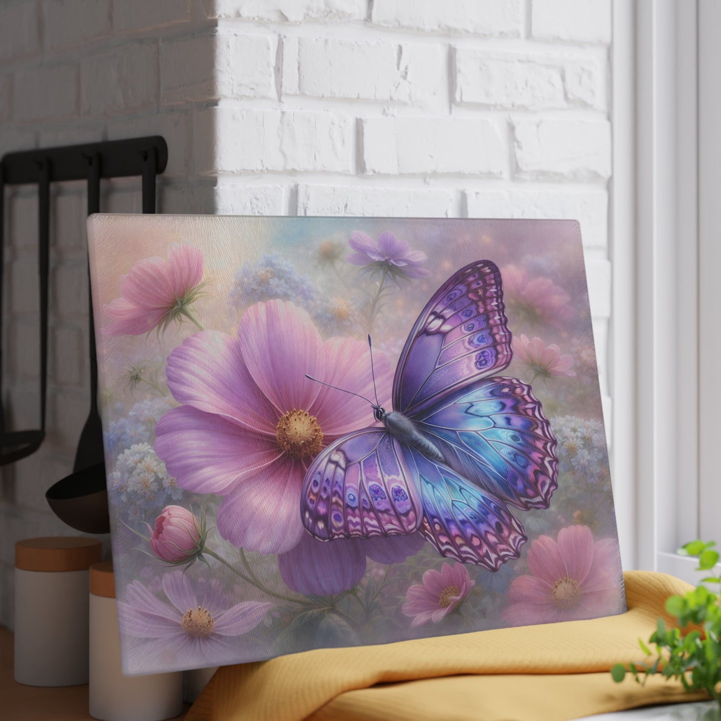 Purple & Blue Butterfly Glass Cutting Board – Dreamy Cosmos Floral Butterfly Art