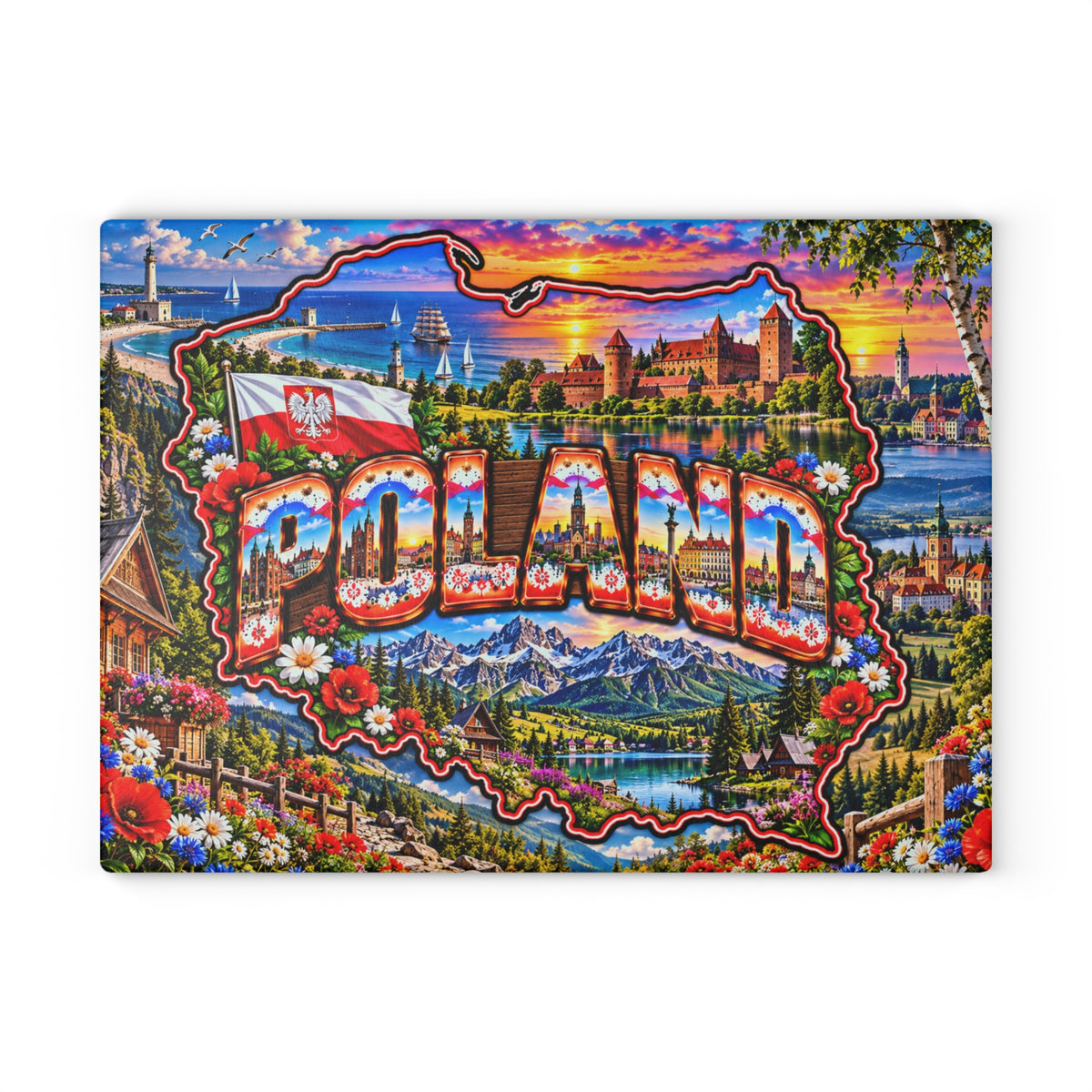 Poland Map Cutting Board – Colorful Polish Landmarks, Tatra Mountains, Medieval Castles, Baltic Coast & Patriotic Kitchen Décor