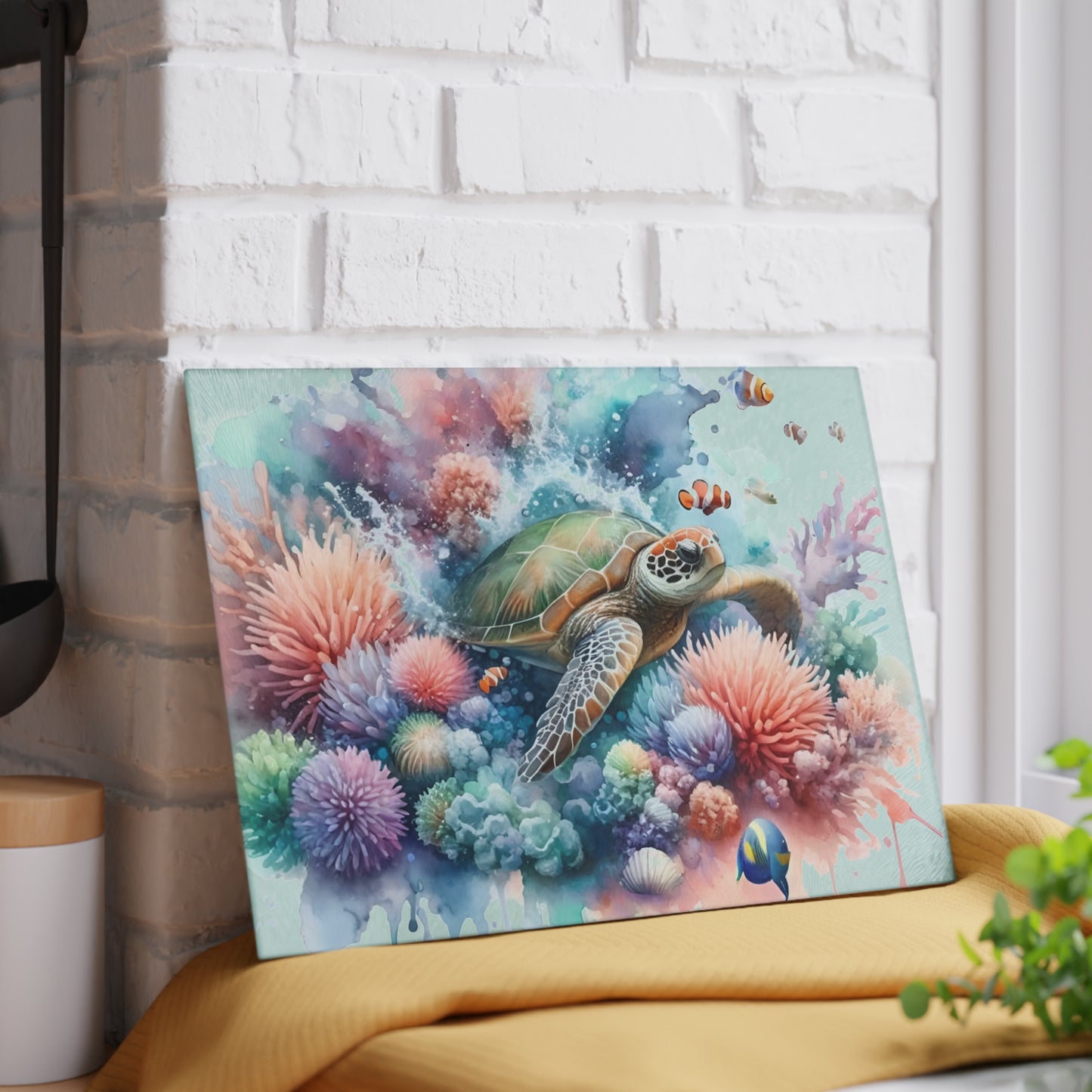 Pastel Coral Splash Sea Turtle Cutting Board – Tranquil Reef Elegance for Your Kitchen