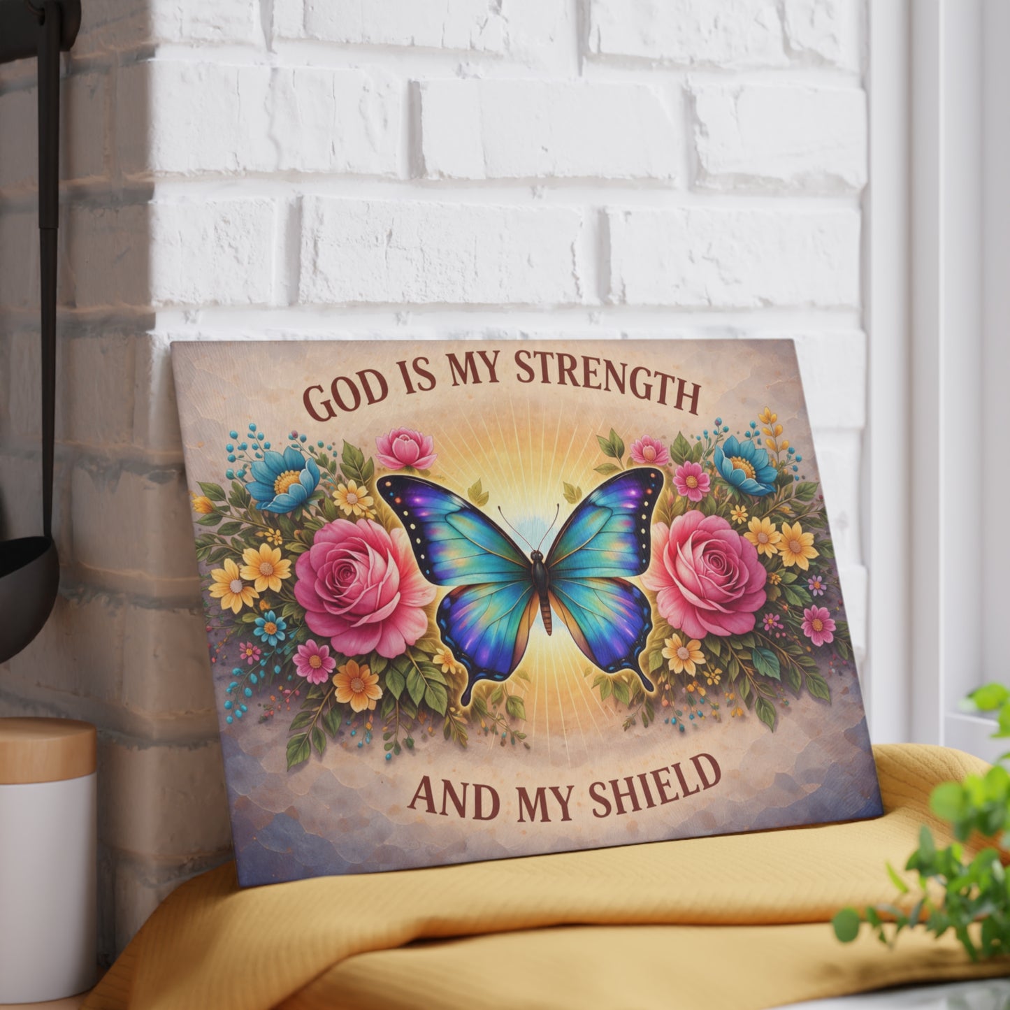 God Is My Strength Glass Cutting Board – Faith Butterfly Floral Christian Kitchen Display