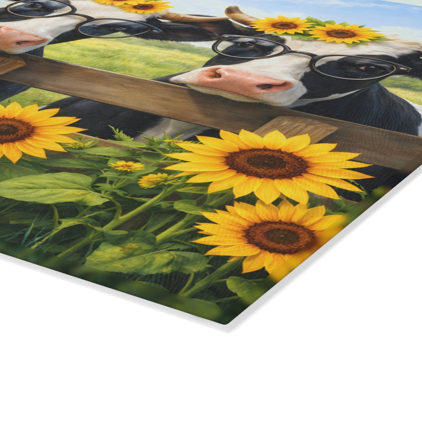 Sunflower Cow Trio Glass Cutting Board – Cheerful Farmhouse Kitchen Accent