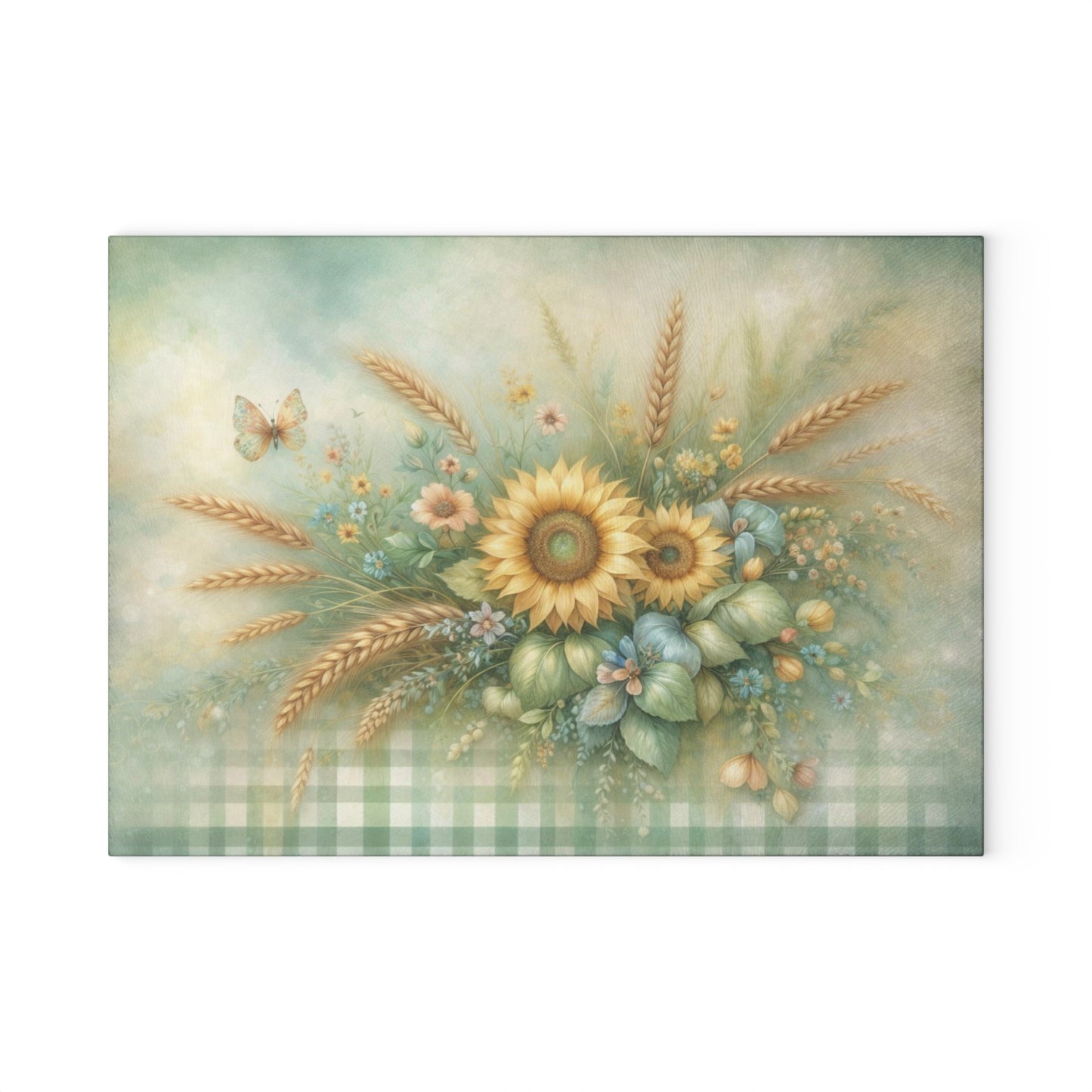 Sunflower and Wheat Garden Glass Cutting Board – Rustic Farmhouse Floral Kitchen Decor
