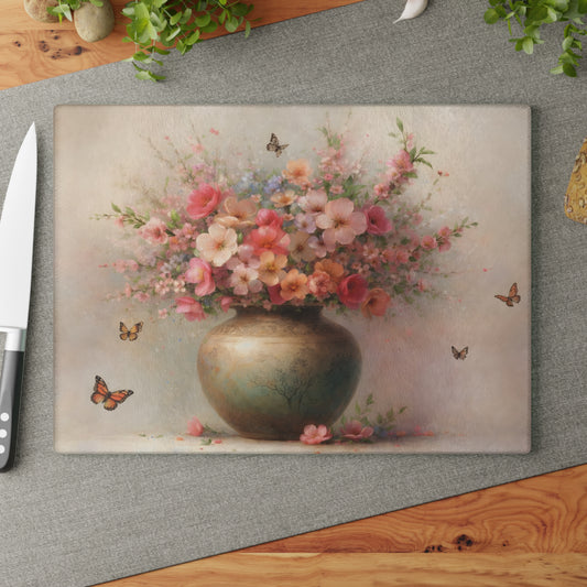 Blossoming Floral Vase with Butterflies Glass Cutting Board – Elegant Botanical Kitchen Art