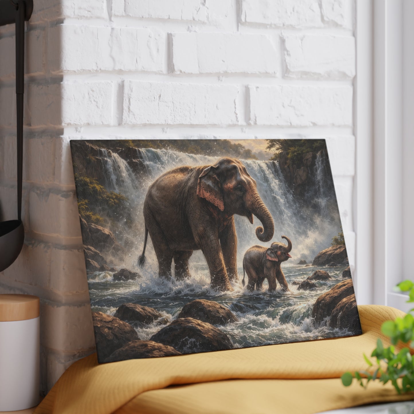 Elephant Waterfall Wildlife Glass Cutting Board – Majestic Nature Scene Kitchen Art