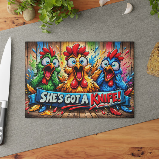 She’s Got a Knife! Glass Cutting Board – Loud Color Chicken Farmhouse Artwork
