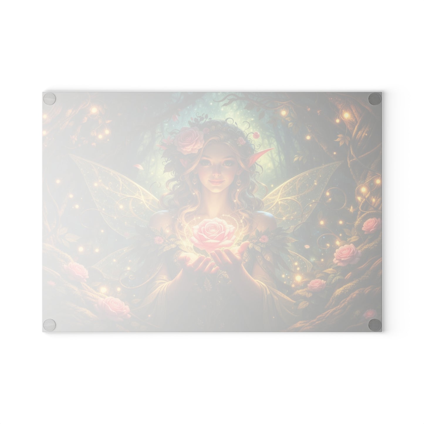 Enchanted Forest Fairy Glass Cutting Board – Magical Rose Fantasy Art Kitchen Decor