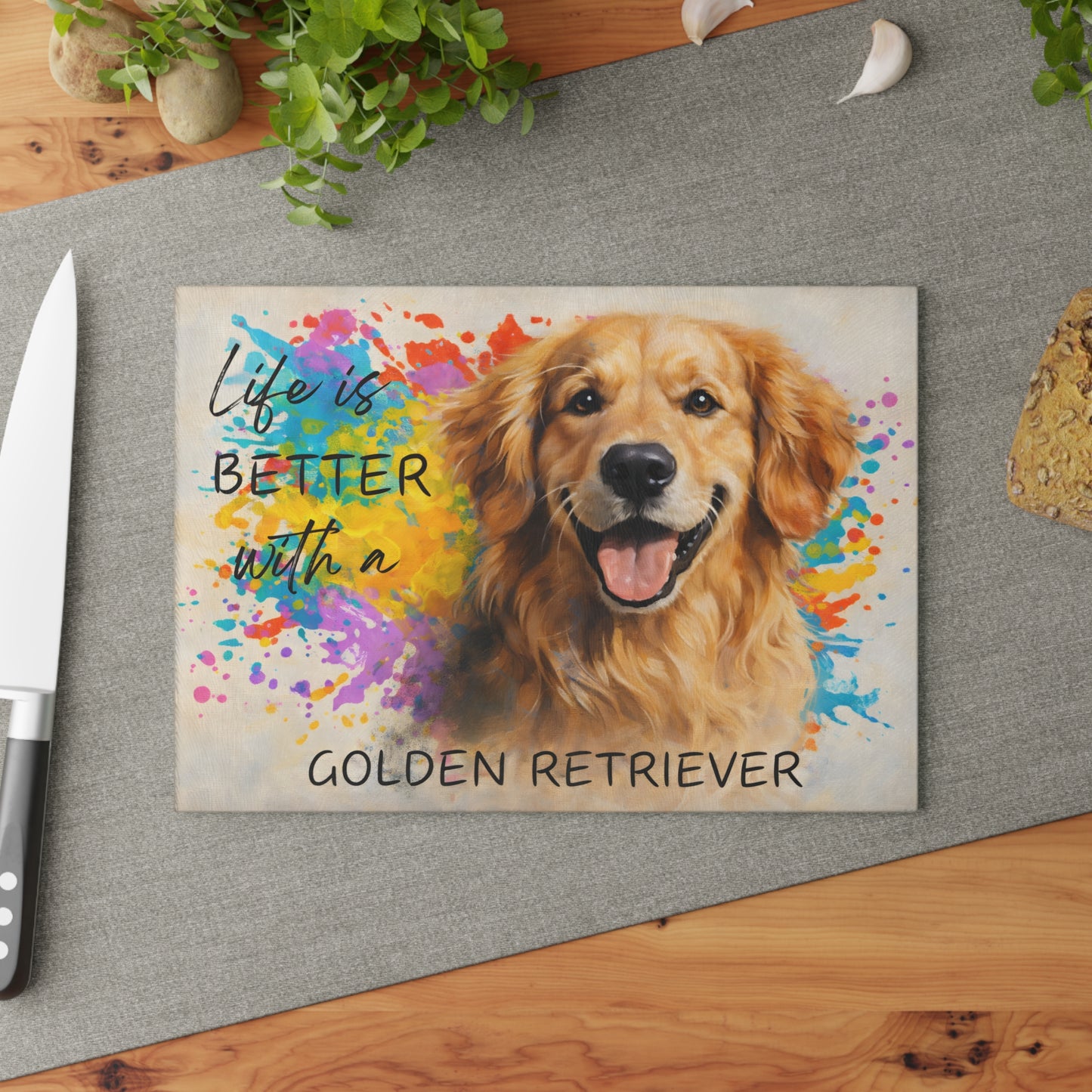 Life Is Better with a Golden Retriever Glass Cutting Board – Color Splash Canine Charm