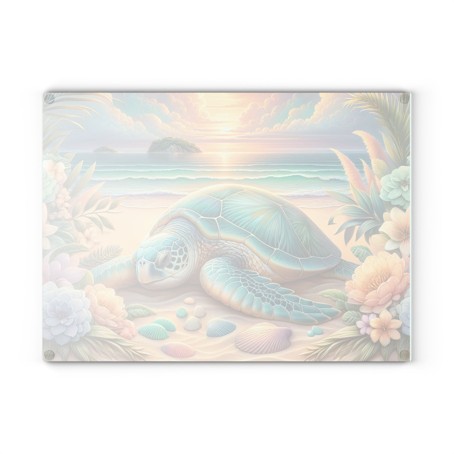 Peaceful Ocean Escape Sea Turtle Glass Cutting Board – Floral Beach Serenity Artwork