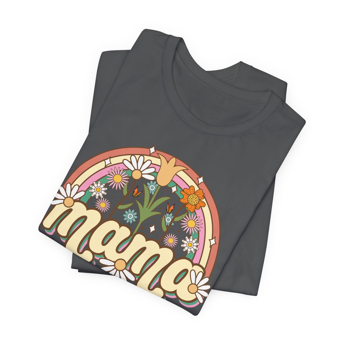 🌼🌈 Retro Floral Mama T-Shirt – Boho Rainbow Graphic Tee for Moms 🌻✨