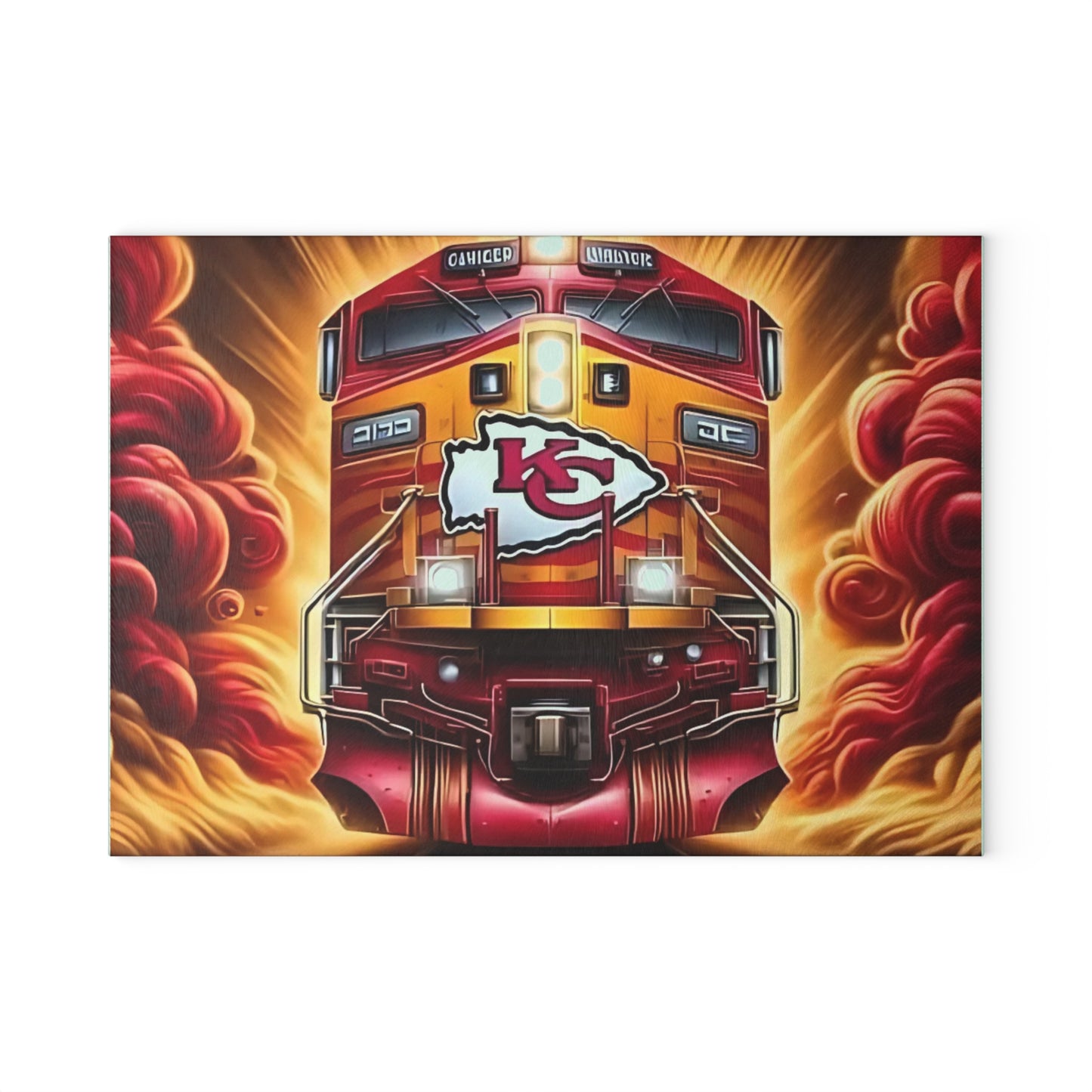 Tabla de cortar de vidrio Express roja y dorada: exhibición de cocina con un llamativo diseño de tren