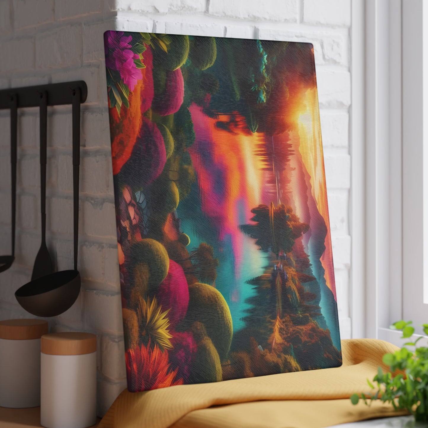Tabla de cortar de vidrio Sunset Garden Serenity: vista al lago de ensueño para cocinas artísticas