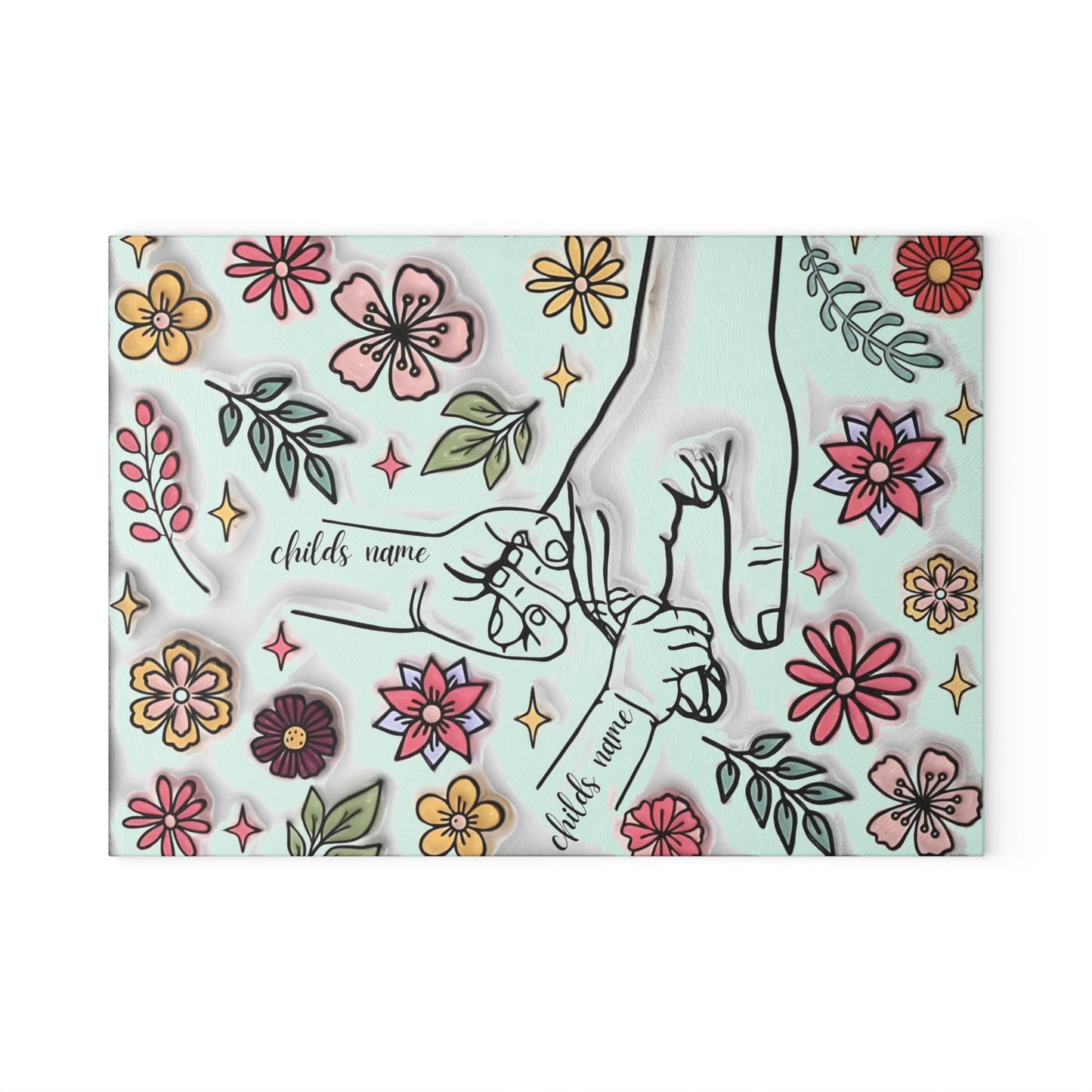 Tabla de cortar de vidrio templado personalizada con las manos de la madre | Arte floral 3D | Nombres personalizados para niños | Regalo para el Día de la Madre