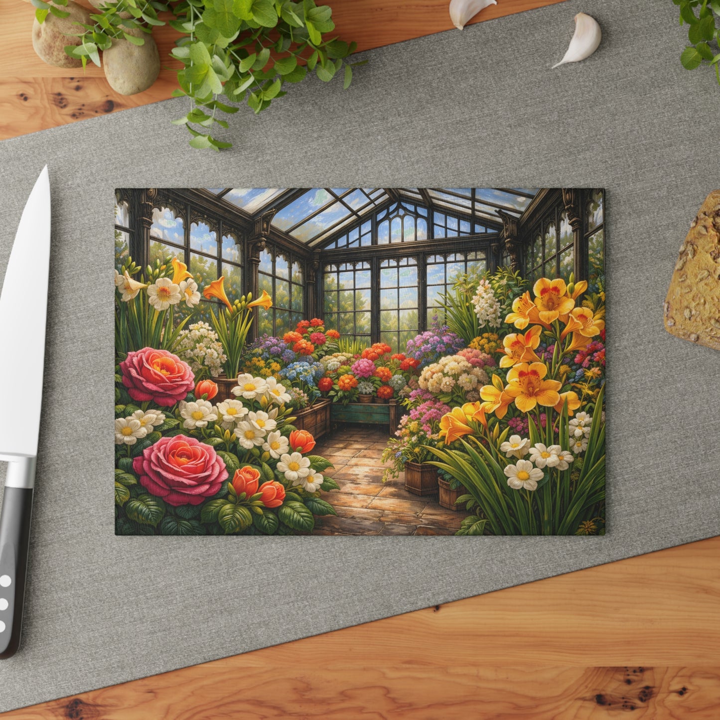 Sunlit Garden Conservatory Glass Cutting Board – Floral Greenhouse Kitchen Décor