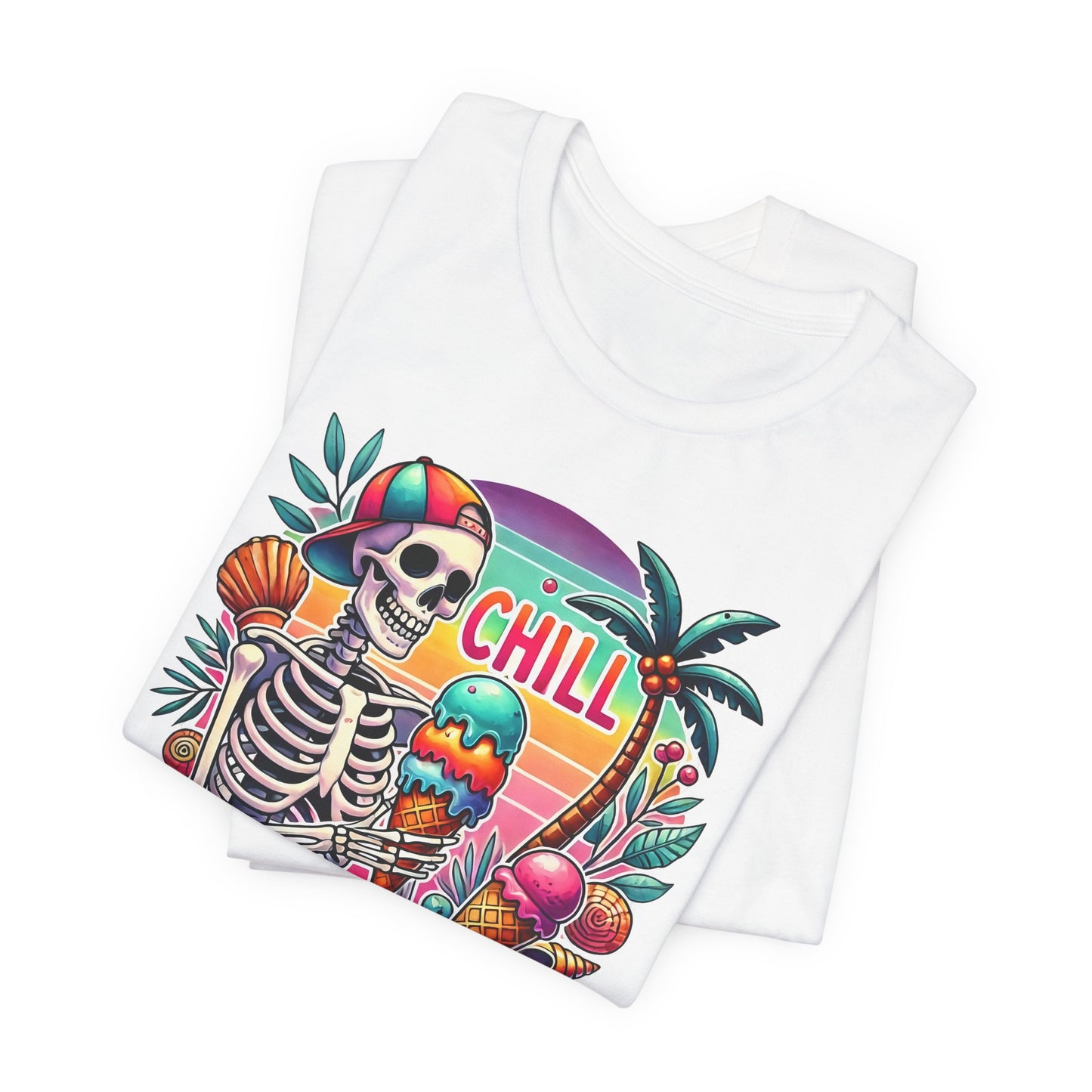 Camiseta Chill Vibes – Esqueleto con helado | Camiseta retro divertida de verano (solo blanca)