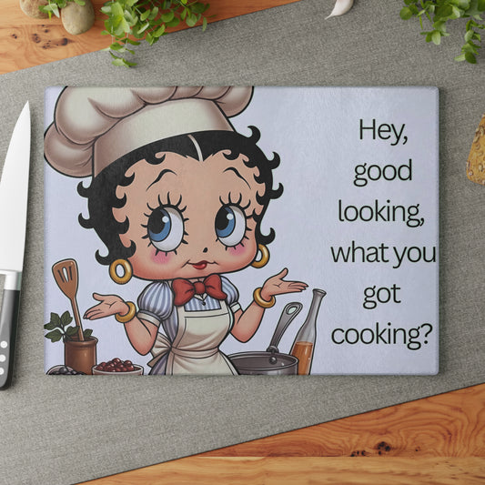 Tabla de cortar de vidrio estilo retro chef girl: "Hola guapa, ¿qué estás cocinando?"