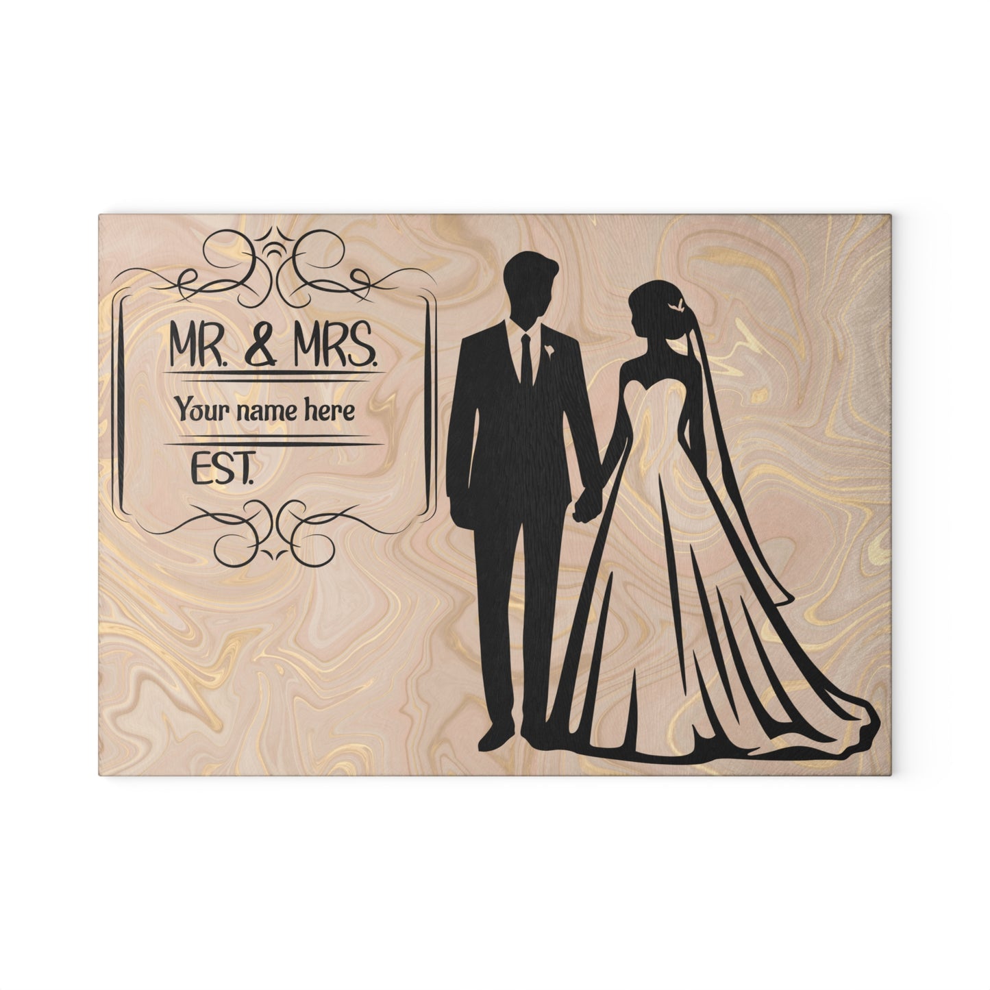👰‍♀️ Tabla de cortar elegante con aspecto de mármol para Sr. y Sra.: regalo de boda personalizado con apellido y año