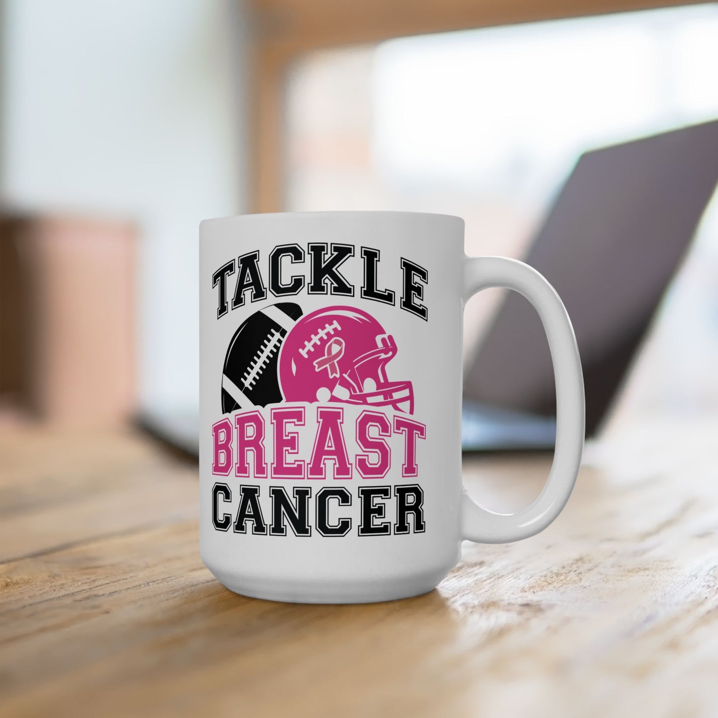 🏈🎀 Tackle Breast Cancer Mug – Football Strength Meets Awareness 💗