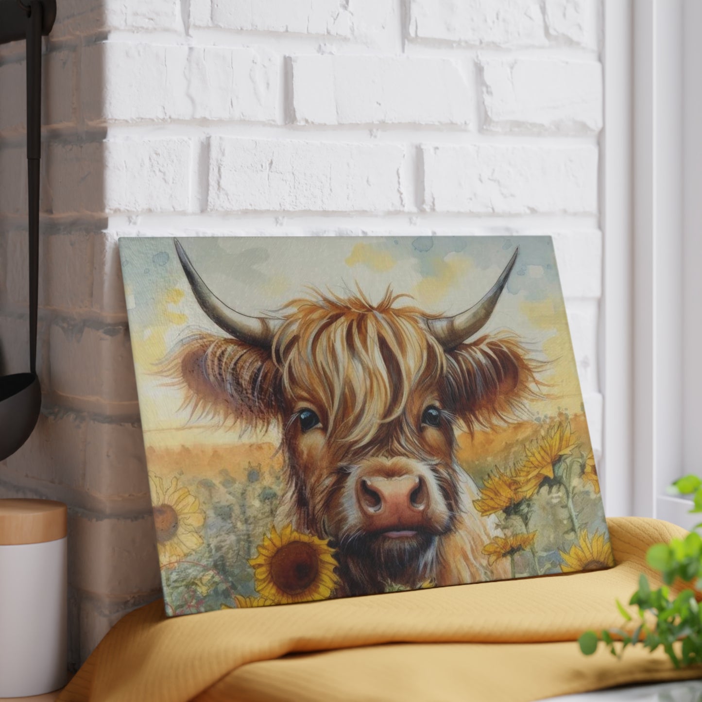 Tabla de cortar de vidrio templado con diseño de vaca de las Tierras Altas, tabla de cortar con diseño de girasol, decoración rústica de granja, regalo para amantes de las vacas, tabla de charcutería, regalos para vacas