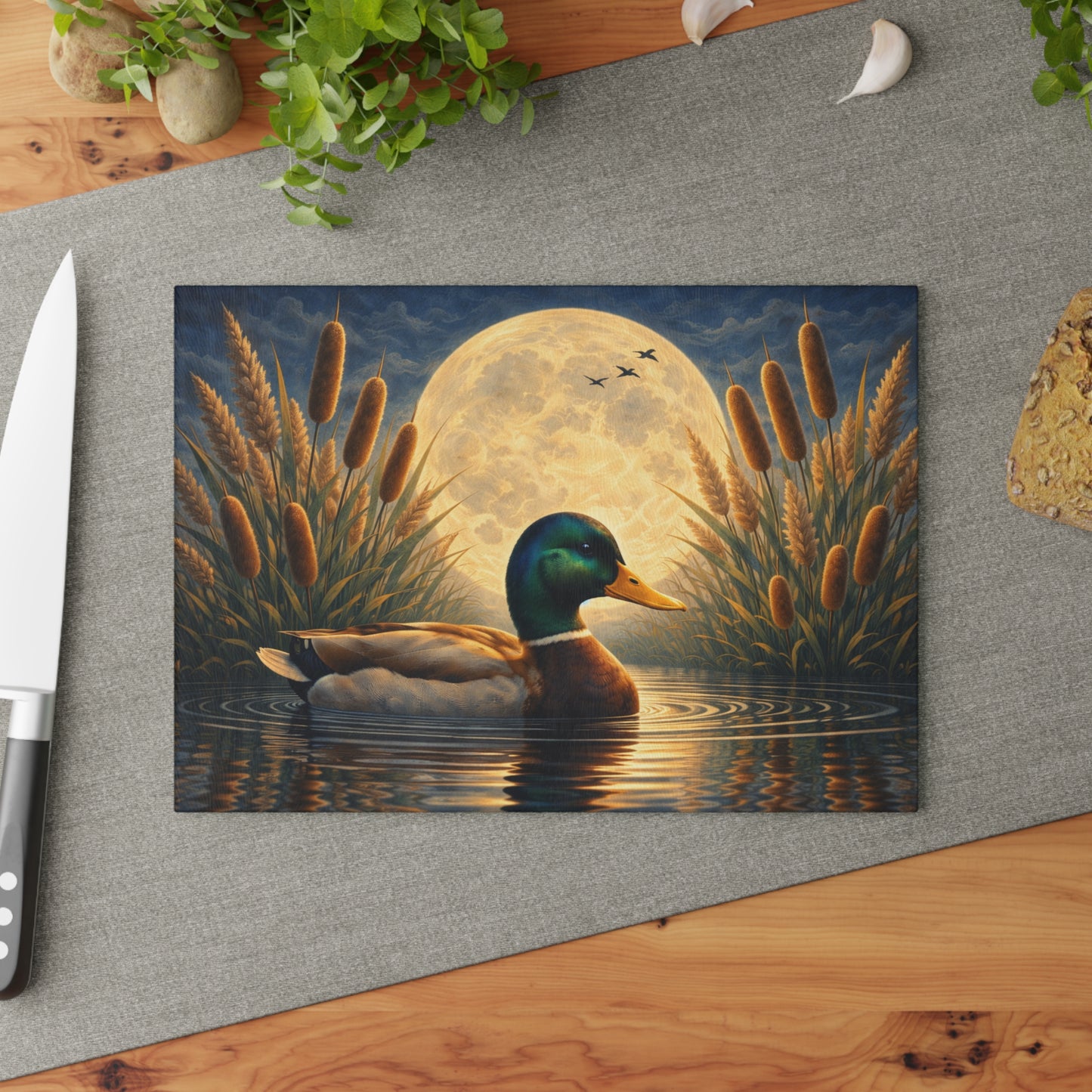 Moonlit Mallard Duck Glass Cutting Board – Peaceful Marsh Wildlife Artwork